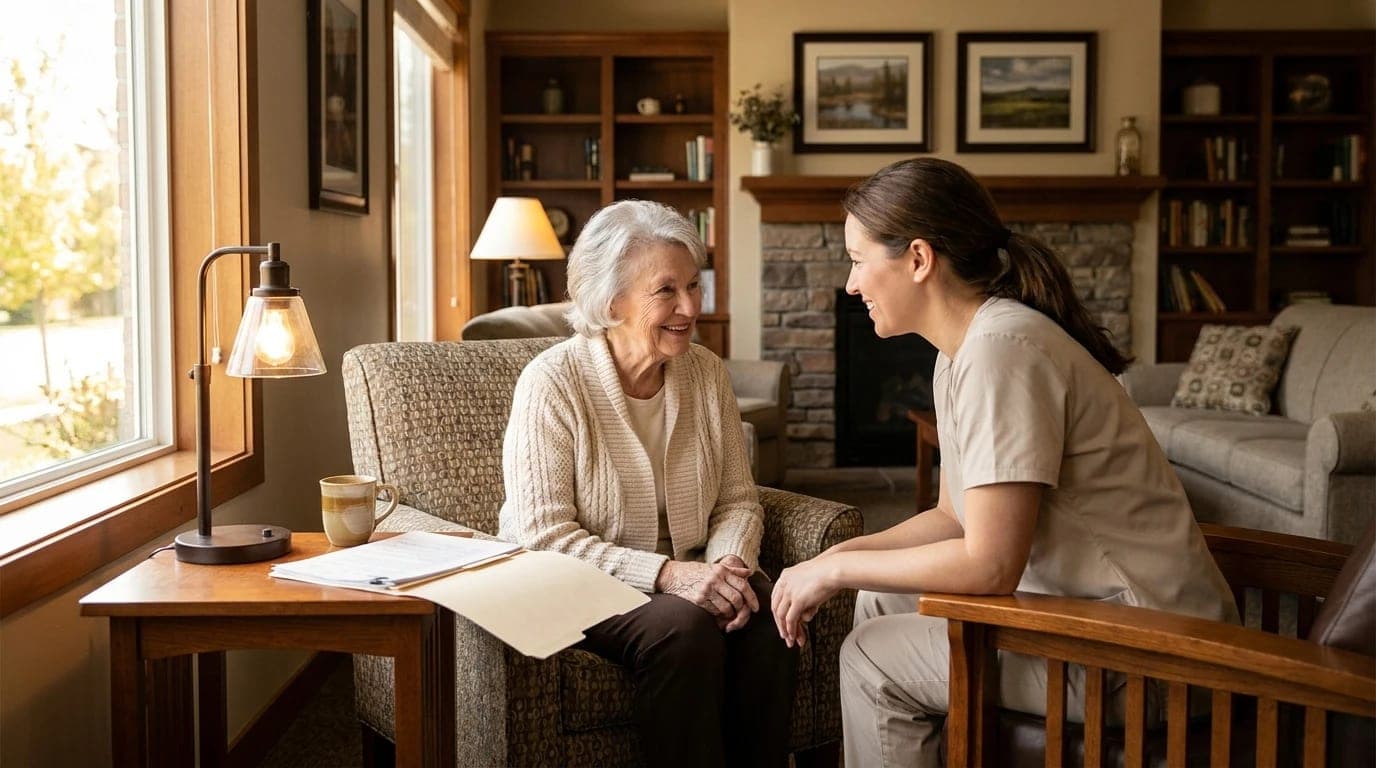 A caregiver talks with an older woman about her care options in a warm, home-like living room