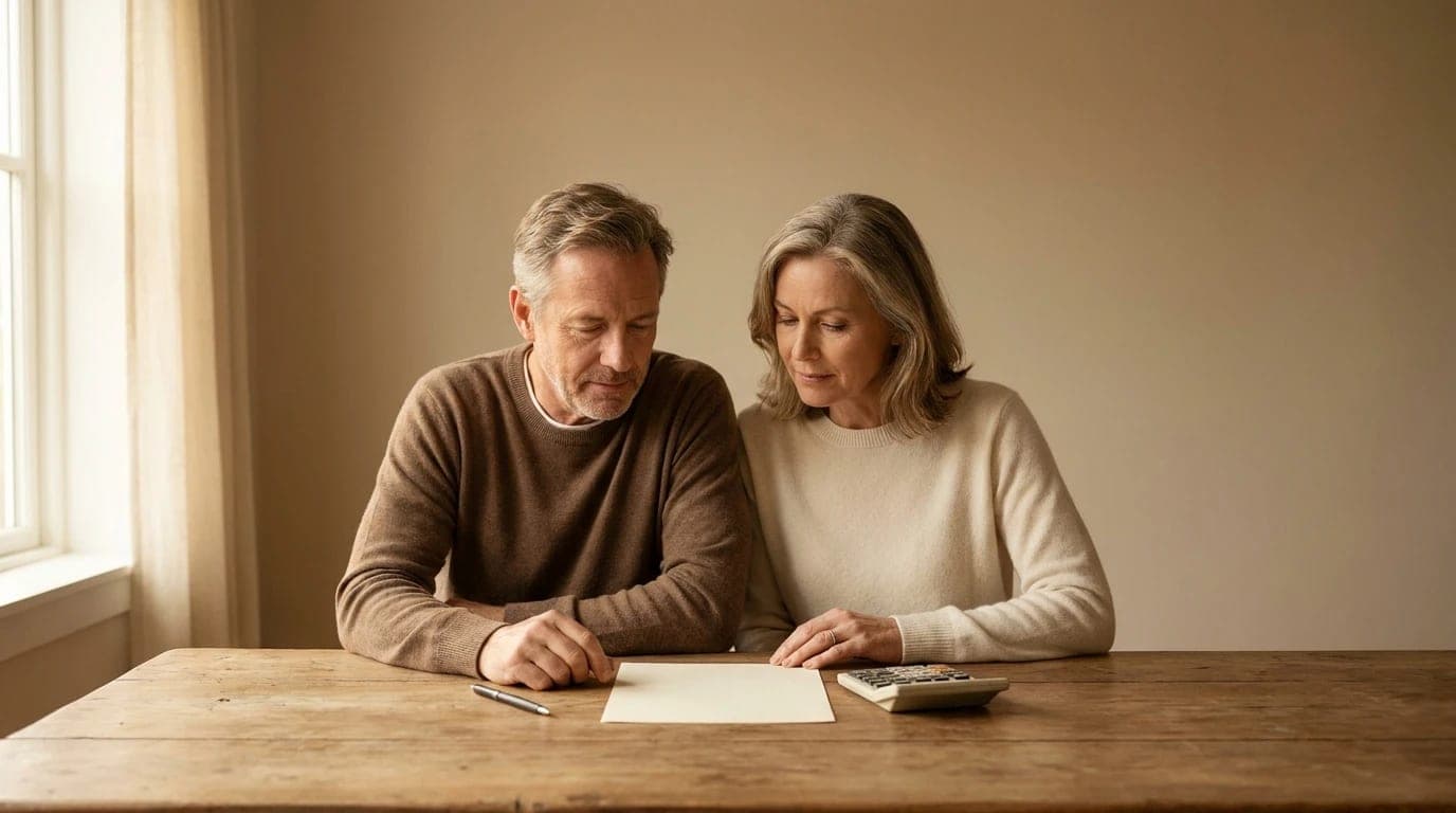 An older couple reviewing costs together at a table with a calculator and paperwork