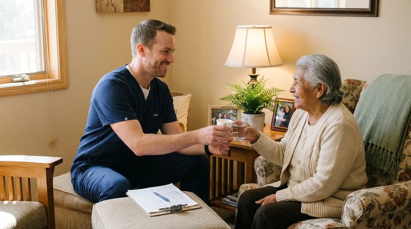 A caregiver hands an older woman her medication and a glass of water in a warm, home-like living room