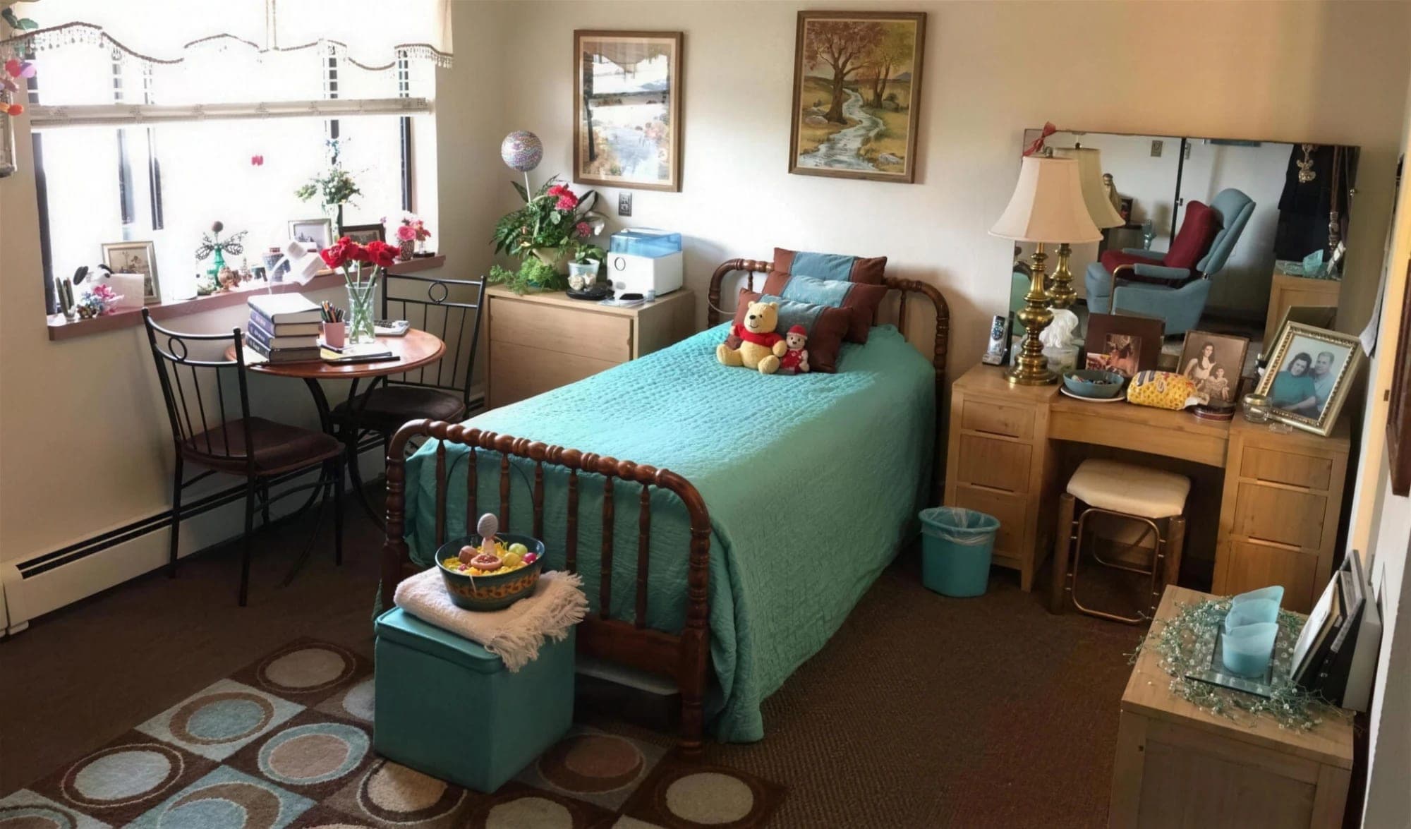 A personalized resident room with a twin bed and family keepsakes at Madison House in Cortez, Colorado